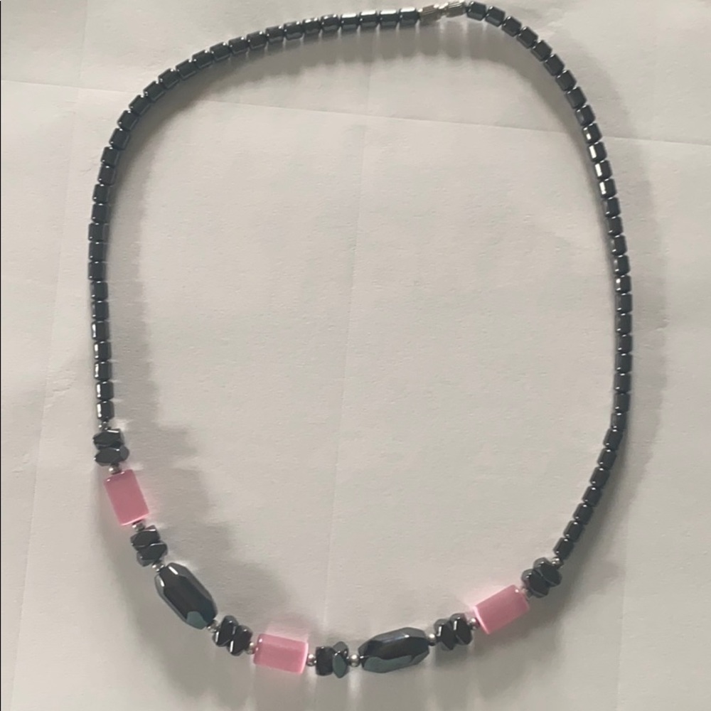 Grey and pink stone necklace.